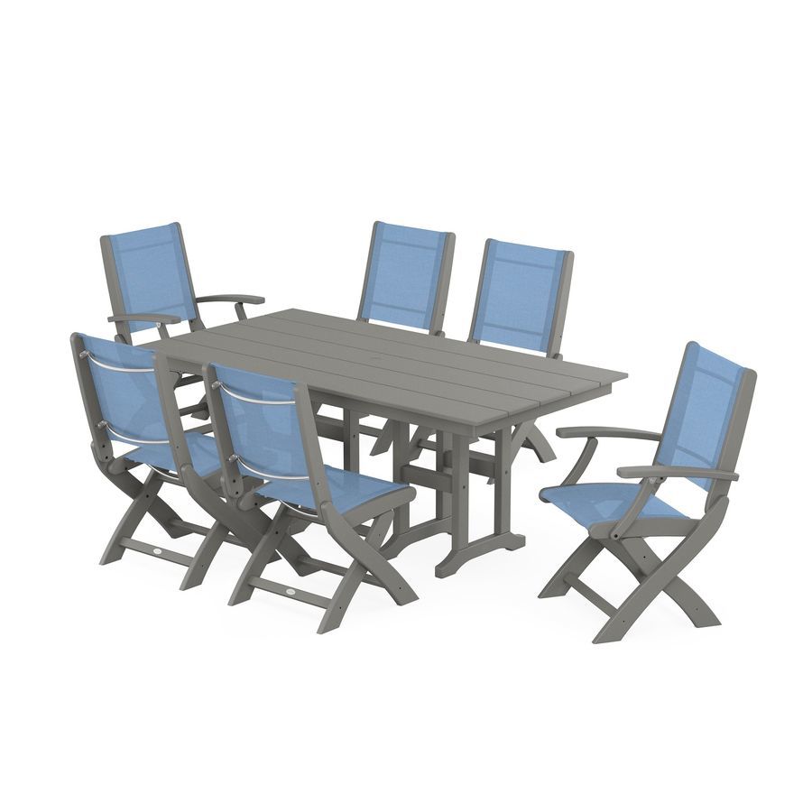 POLYWOOD Coastal Folding Chair 7-Piece Farmhouse Dining Set in Slate Grey / Poolside Sling