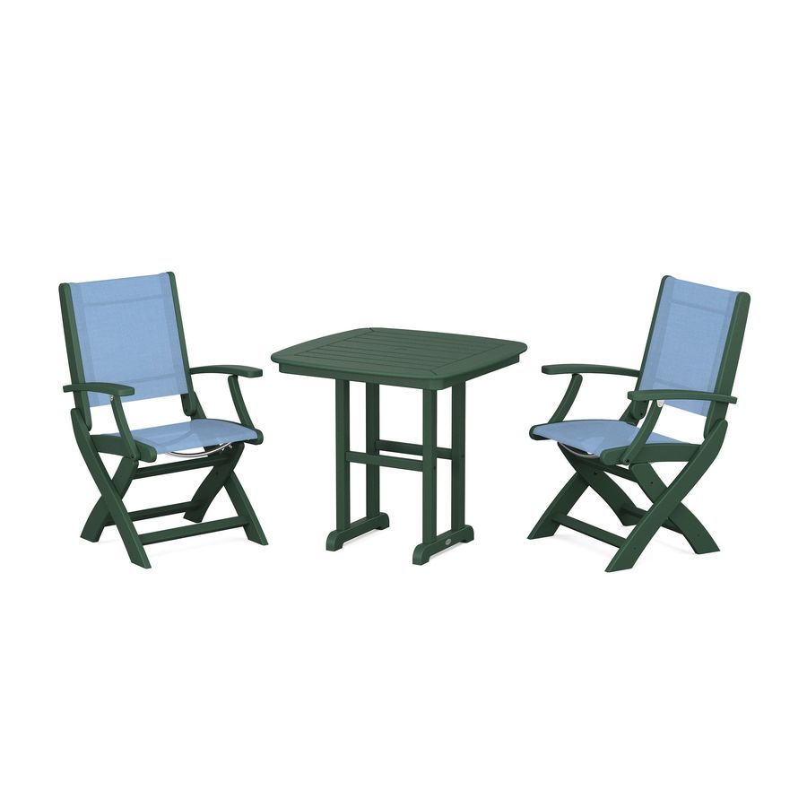 POLYWOOD Coastal Folding Chair 3-Piece Dining Set in Green / Poolside Sling