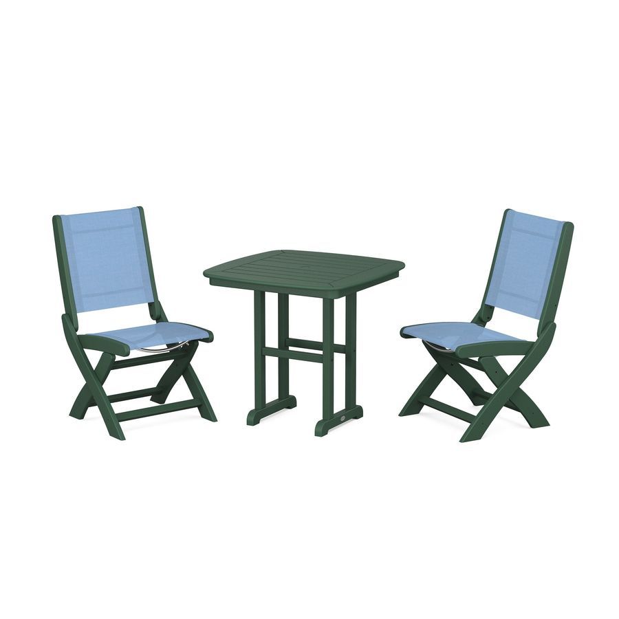 POLYWOOD Coastal Folding Side Chair 3-Piece Dining Set in Green / Poolside Sling