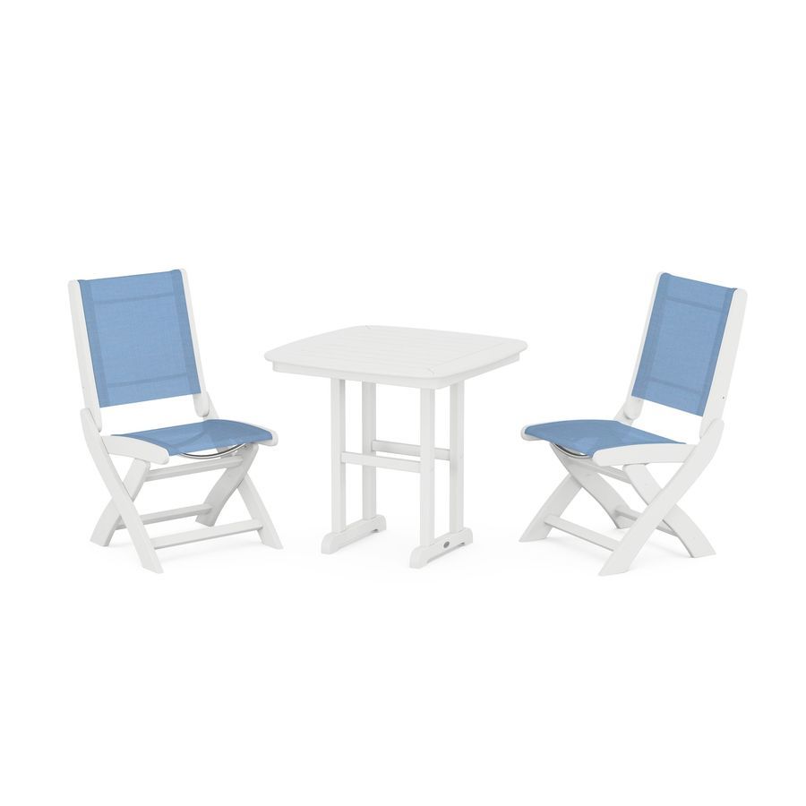 POLYWOOD Coastal Folding Side Chair 3-Piece Dining Set in White / Poolside Sling
