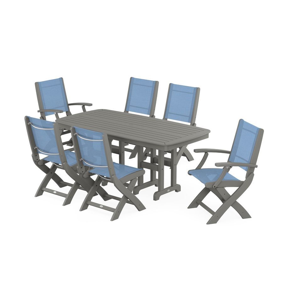 POLYWOOD Coastal Folding Chair 7-Piece Dining Set in Slate Grey / Poolside Sling