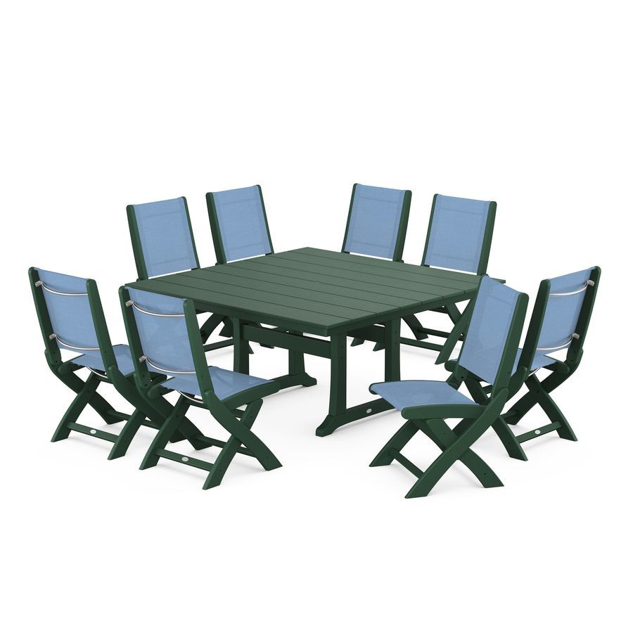 POLYWOOD Coastal Folding Side Chair 9-Piece Farmhouse Dining Set in Green / Poolside Sling