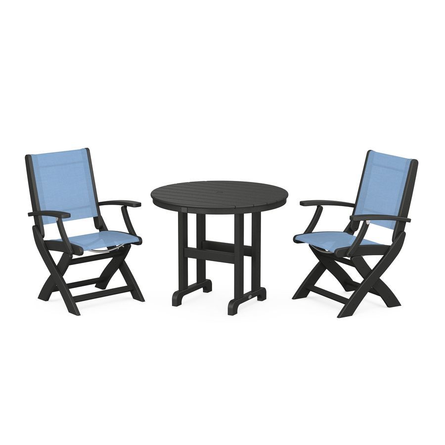 POLYWOOD Coastal Folding Chair 3-Piece Round Dining Set in Black / Poolside Sling
