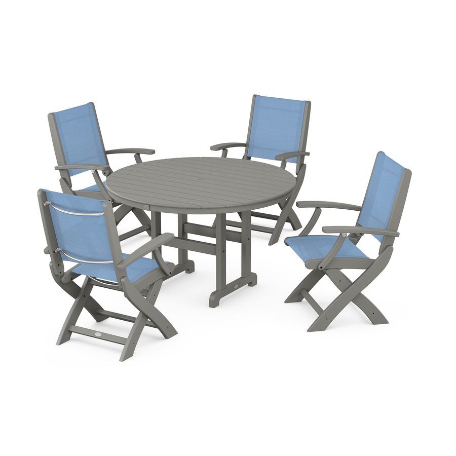 POLYWOOD Coastal Folding Chair 5-Piece Round Dining Set in Slate Grey / Poolside Sling
