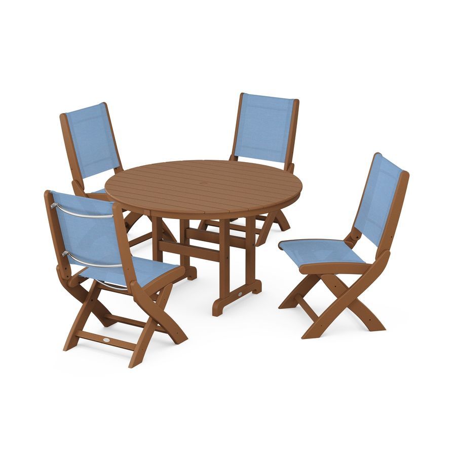 POLYWOOD Coastal Folding Side Chair 5-Piece Round Dining Set in Teak / Poolside Sling