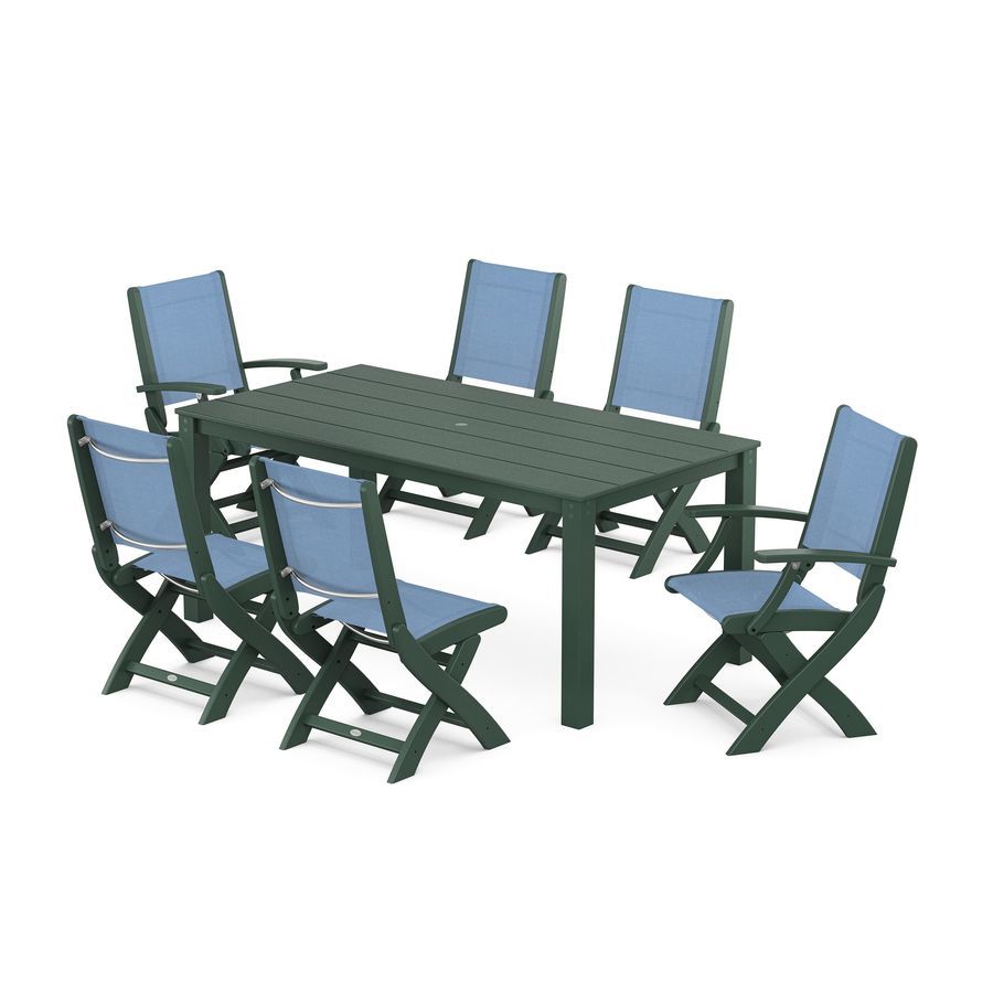 POLYWOOD Coastal Folding Chair 7-Piece Parsons Dining Set in Green / Poolside Sling