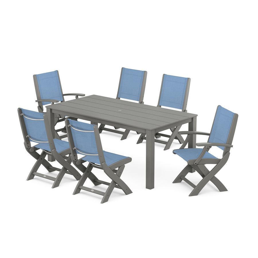 POLYWOOD Coastal Folding Chair 7-Piece Parsons Dining Set in Slate Grey / Poolside Sling
