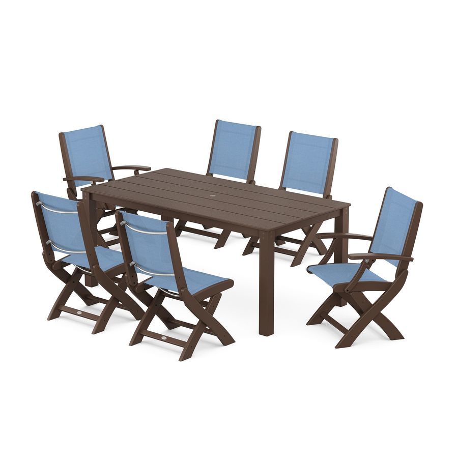 POLYWOOD Coastal Folding Chair 7-Piece Parsons Dining Set in Mahogany / Poolside Sling