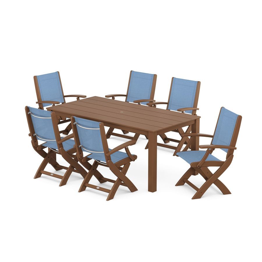 POLYWOOD Coastal Folding Chair 7-Piece Parsons Dining Set in Teak / Poolside Sling