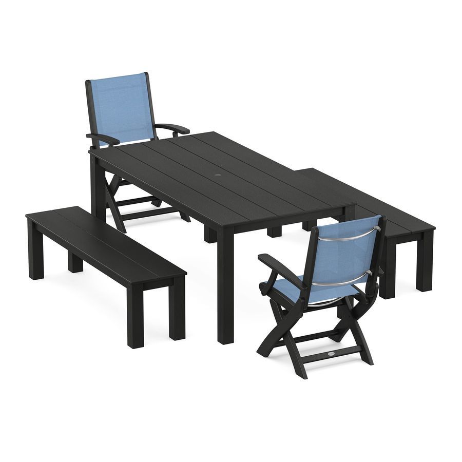 POLYWOOD Coastal Folding Chair 5-Piece Parsons Dining Set with Benches in Black / Poolside Sling