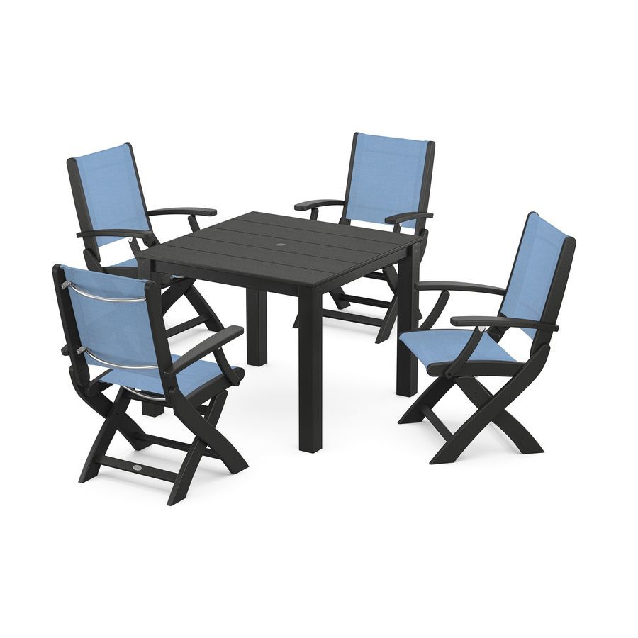 POLYWOOD Coastal Folding Chair 5-Piece Parsons Dining Set in Black / Poolside Sling