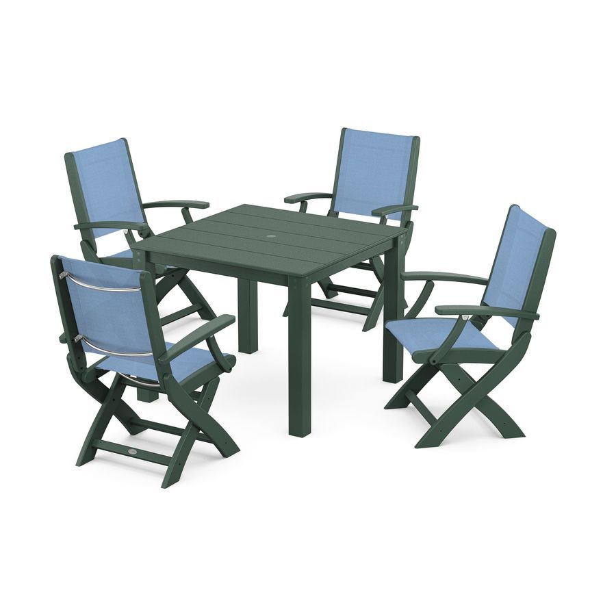 POLYWOOD Coastal Folding Chair 5-Piece Parsons Dining Set in Green / Poolside Sling