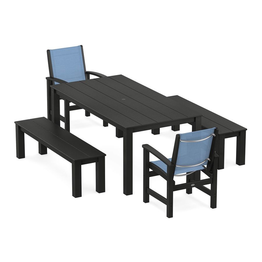 POLYWOOD Coastal 5-Piece Parsons Dining Set with Benches in Black / Poolside Sling