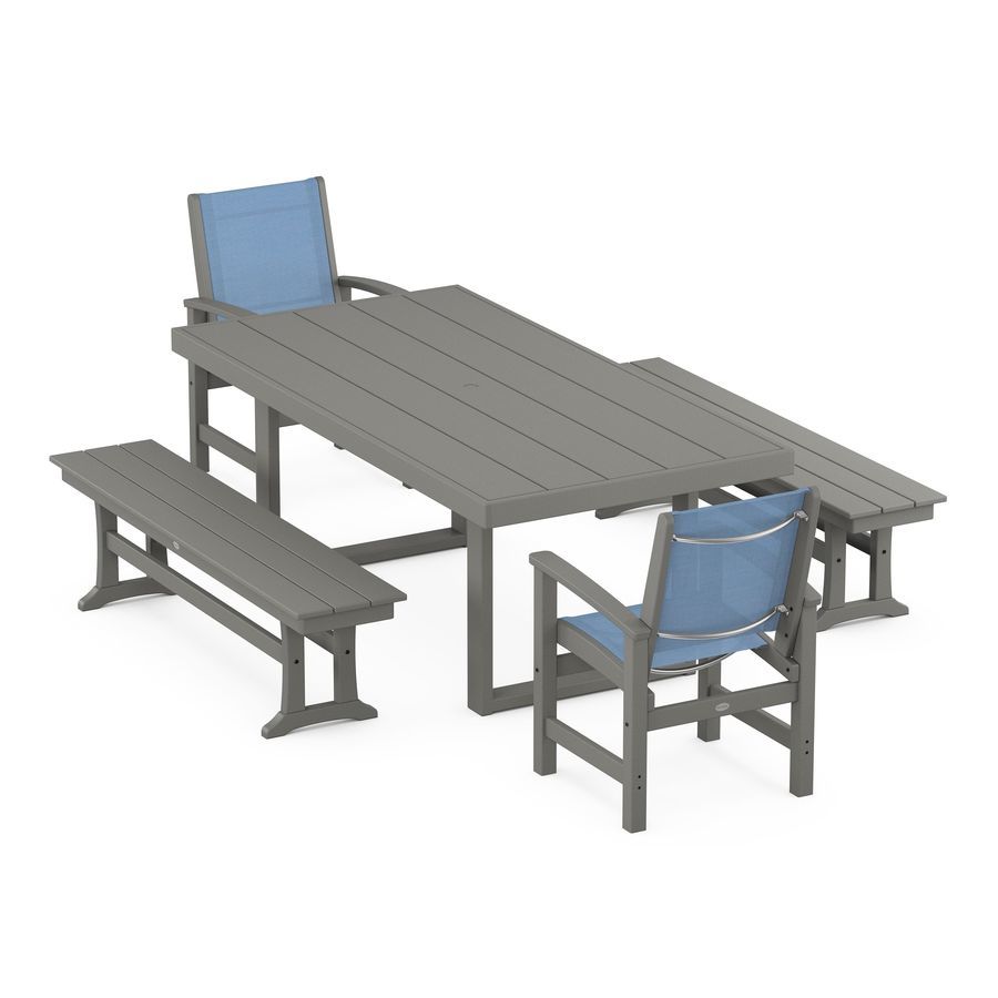 POLYWOOD Coastal 5-Piece Dining Set with Trestle Legs in Slate Grey / Poolside Sling