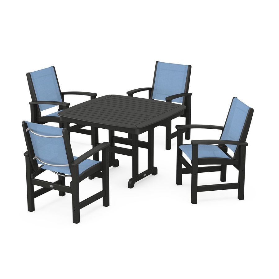 POLYWOOD Coastal 5-Piece Dining Set with Trestle Legs in Black / Poolside Sling