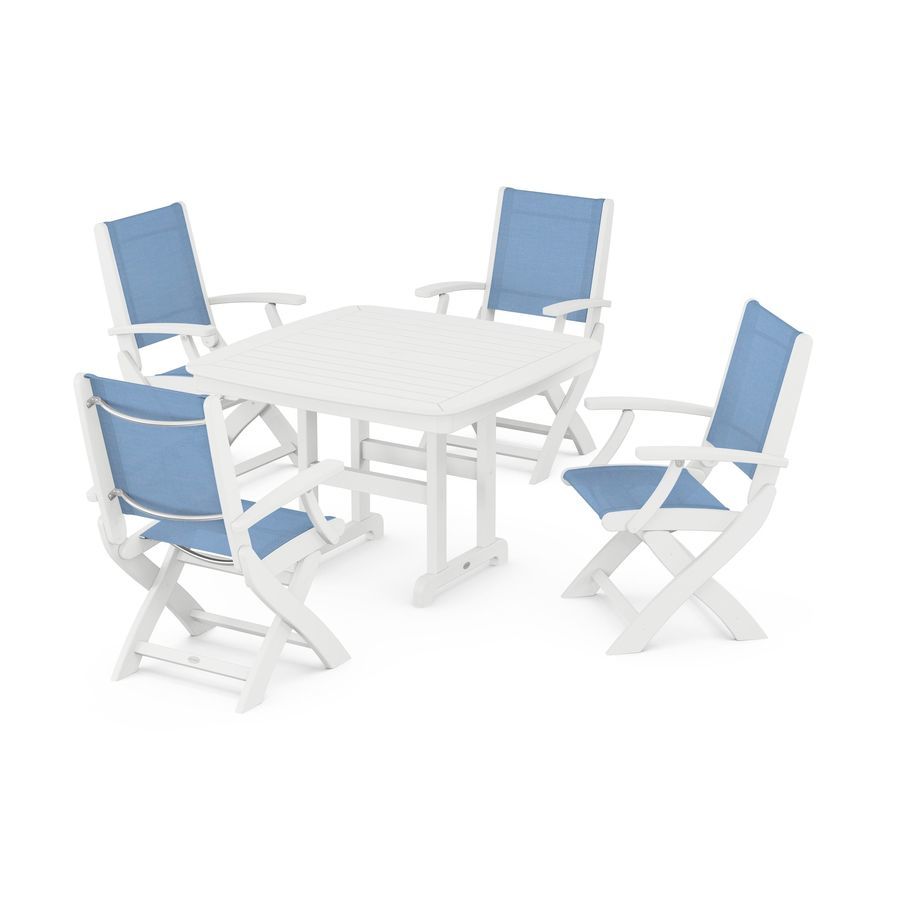 POLYWOOD Coastal 5-Piece Dining Set with Trestle Legs in White / Poolside Sling