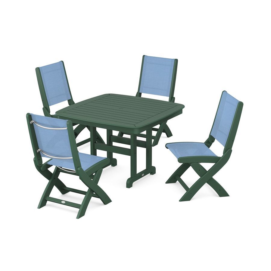 POLYWOOD Coastal Side Chair 5-Piece Dining Set with Trestle Legs in Green / Poolside Sling