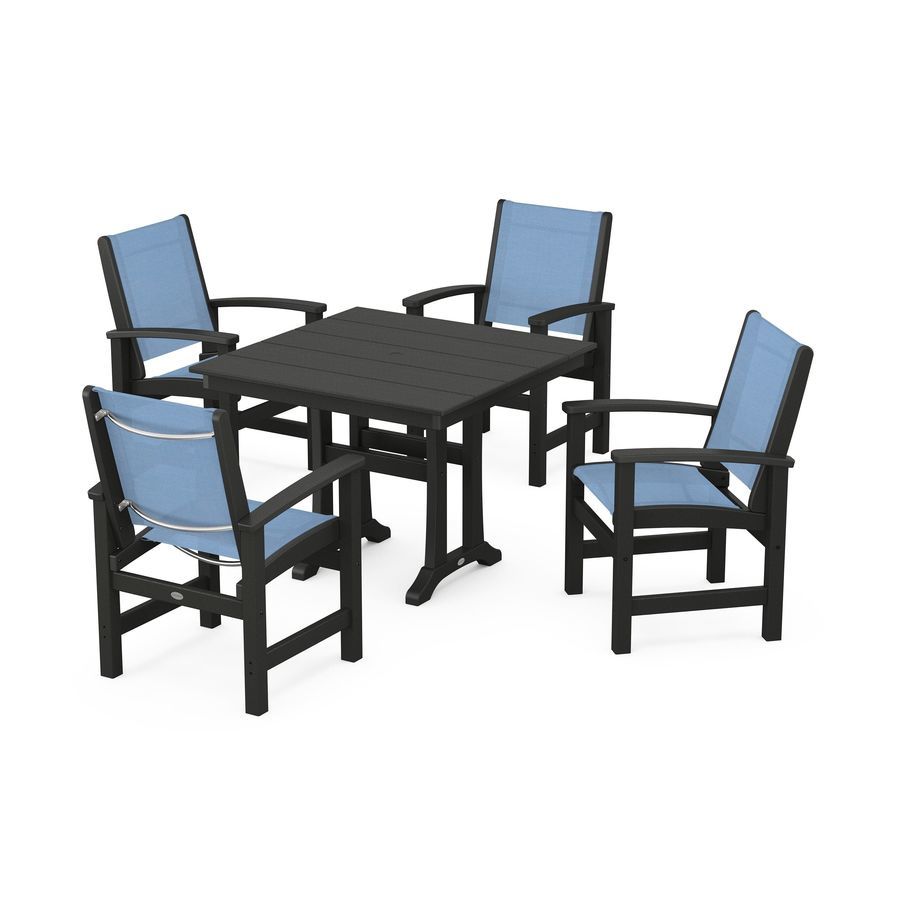 POLYWOOD Coastal 5-Piece Farmhouse Dining Set With Trestle Legs in Black / Poolside Sling