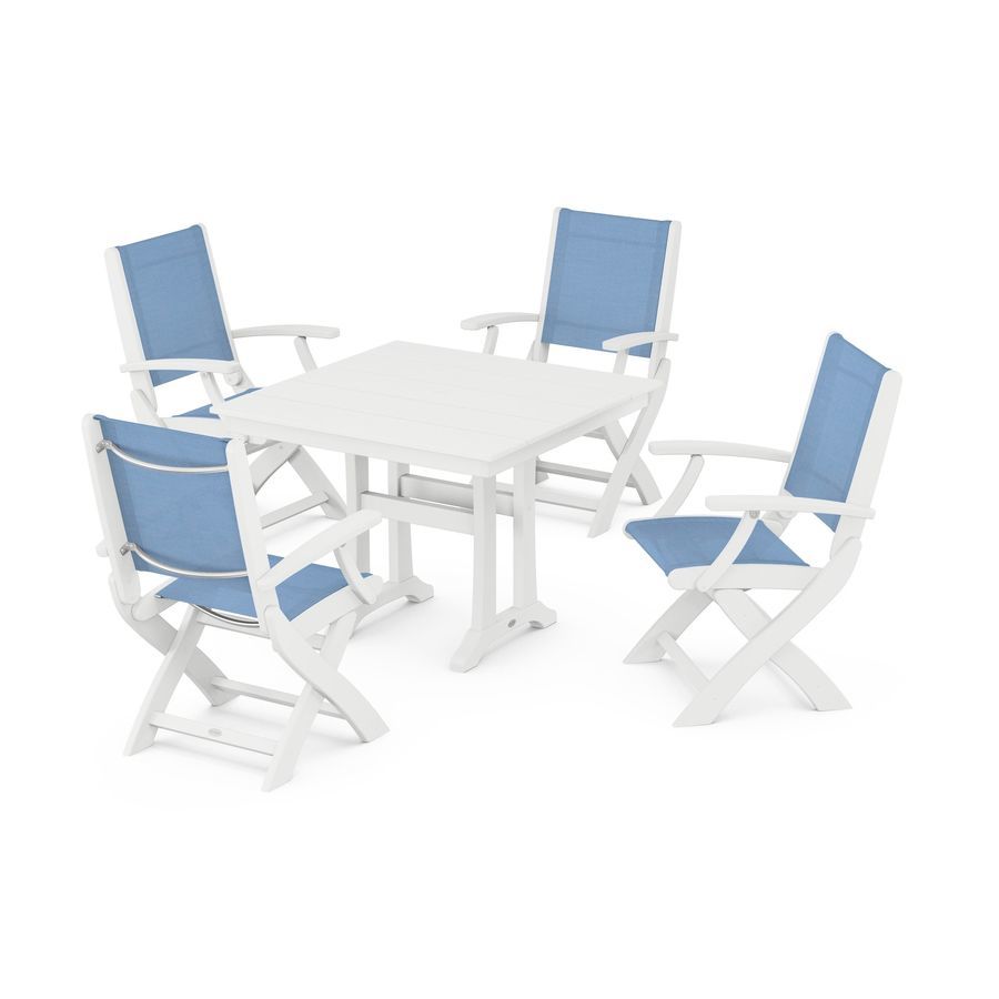 POLYWOOD Coastal 5-Piece Farmhouse Dining Set With Trestle Legs in White / Poolside Sling
