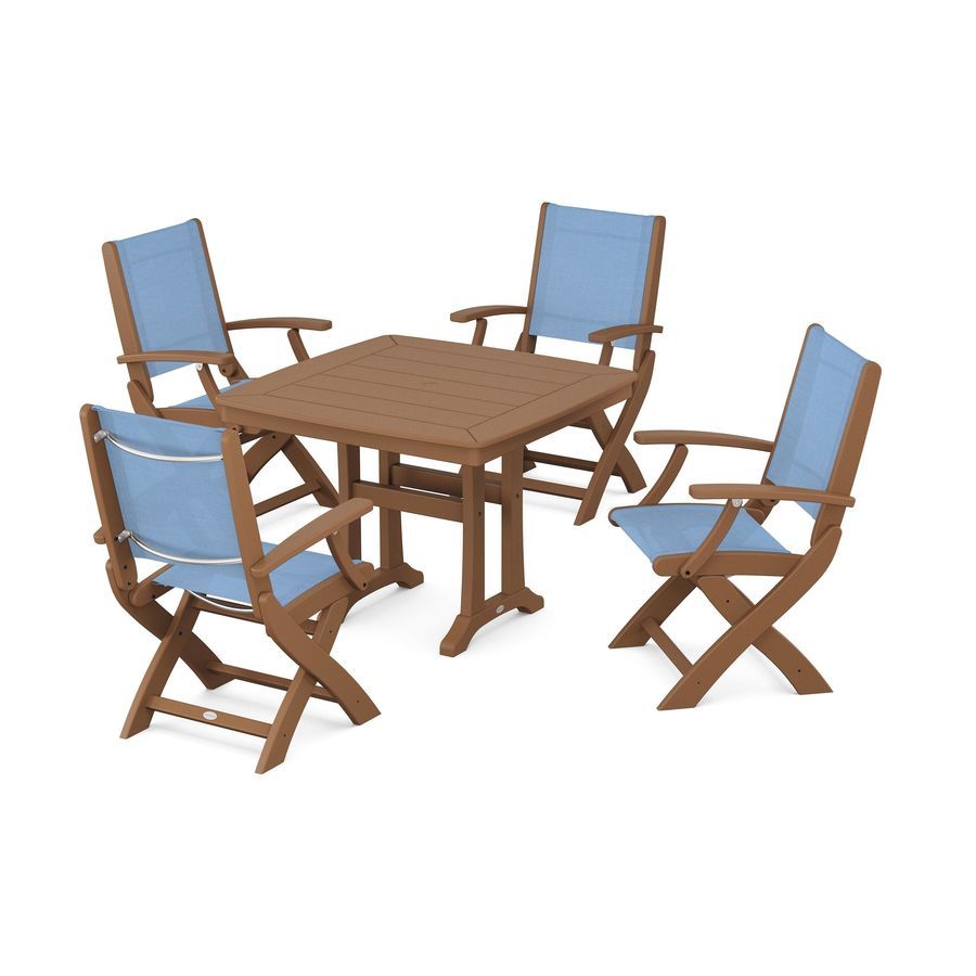 POLYWOOD Coastal 5-Piece Dining Set with Trestle Legs in Teak / Poolside Sling