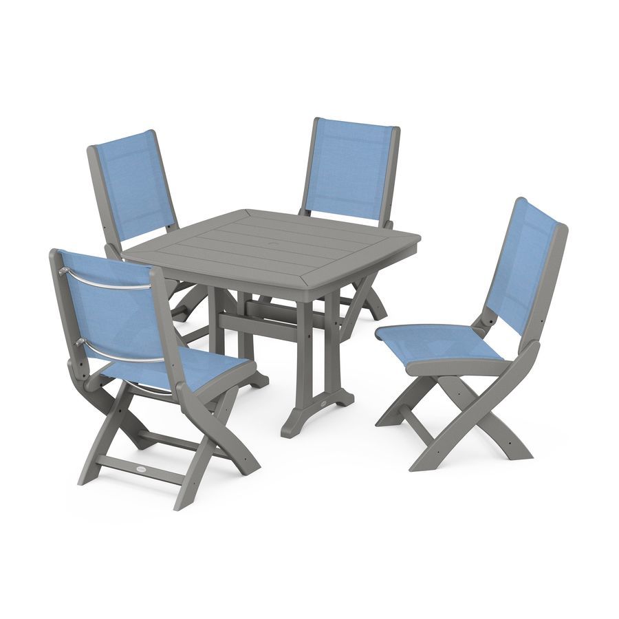 POLYWOOD Coastal Side Chair 5-Piece Dining Set with Trestle Legs in Slate Grey / Poolside Sling