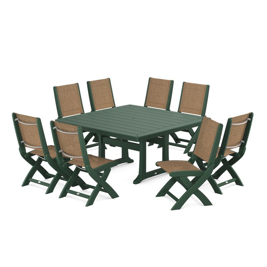POLYWOOD Coastal Folding Side Chair 9-Piece Dining Set with Trestle Legs in Green / Burlap Sling