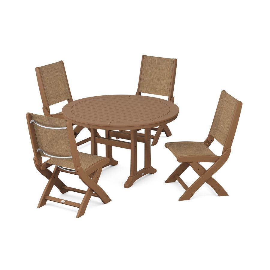 POLYWOOD Coastal Folding Side Chair 5-Piece Round Dining Set With Trestle Legs in Teak / Burlap Sling