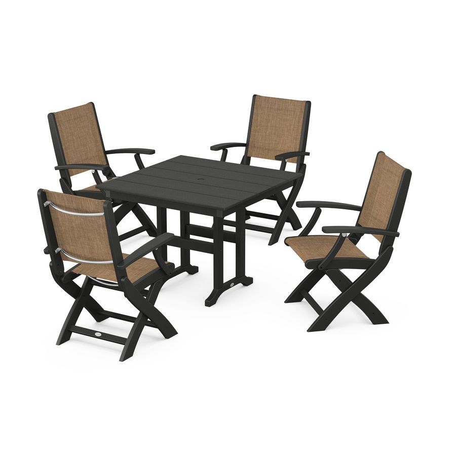POLYWOOD Coastal Folding Chair 5-Piece Farmhouse Dining Set in Black / Burlap Sling