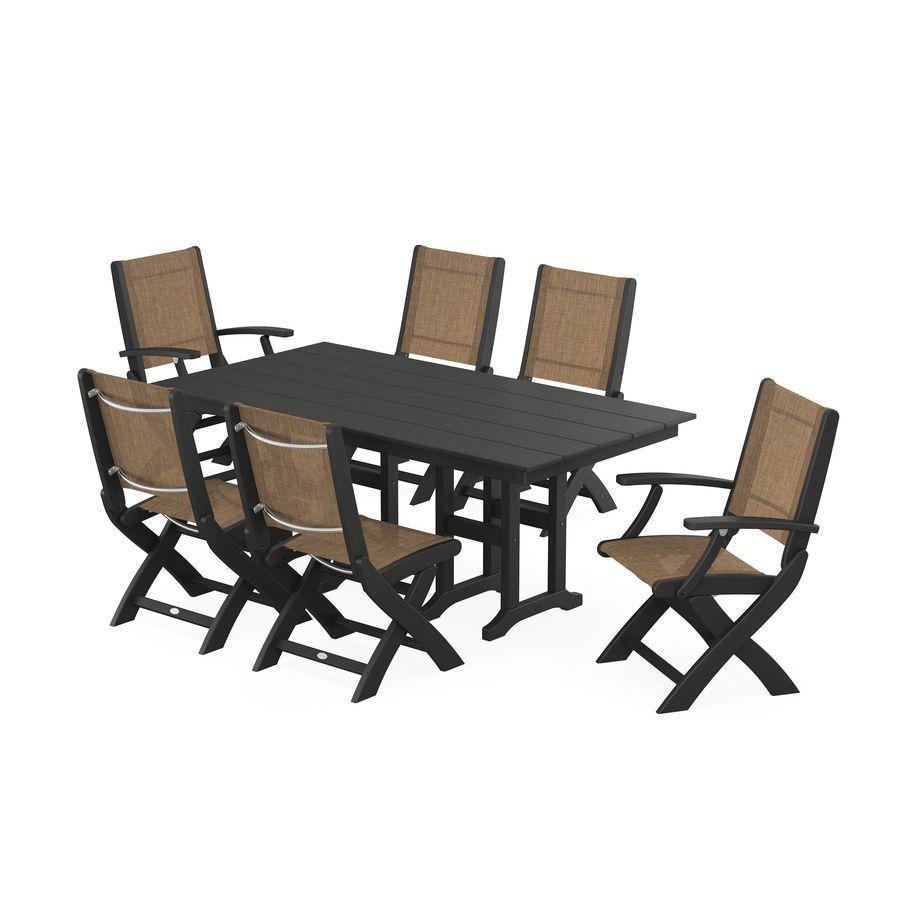 POLYWOOD Coastal Folding Chair 7-Piece Farmhouse Dining Set in Black / Burlap Sling