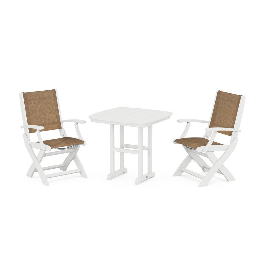 POLYWOOD Coastal Folding Chair 3-Piece Dining Set in White / Burlap Sling
