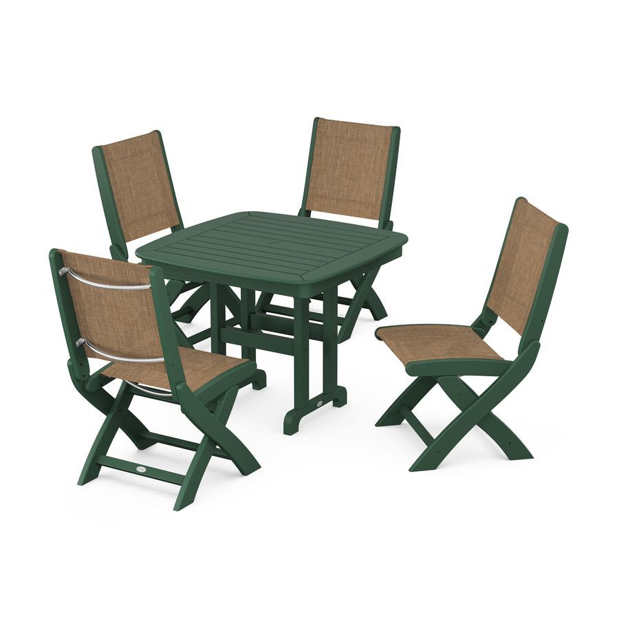 POLYWOOD Coastal Folding Side Chair 5-Piece Dining Set in Green / Burlap Sling