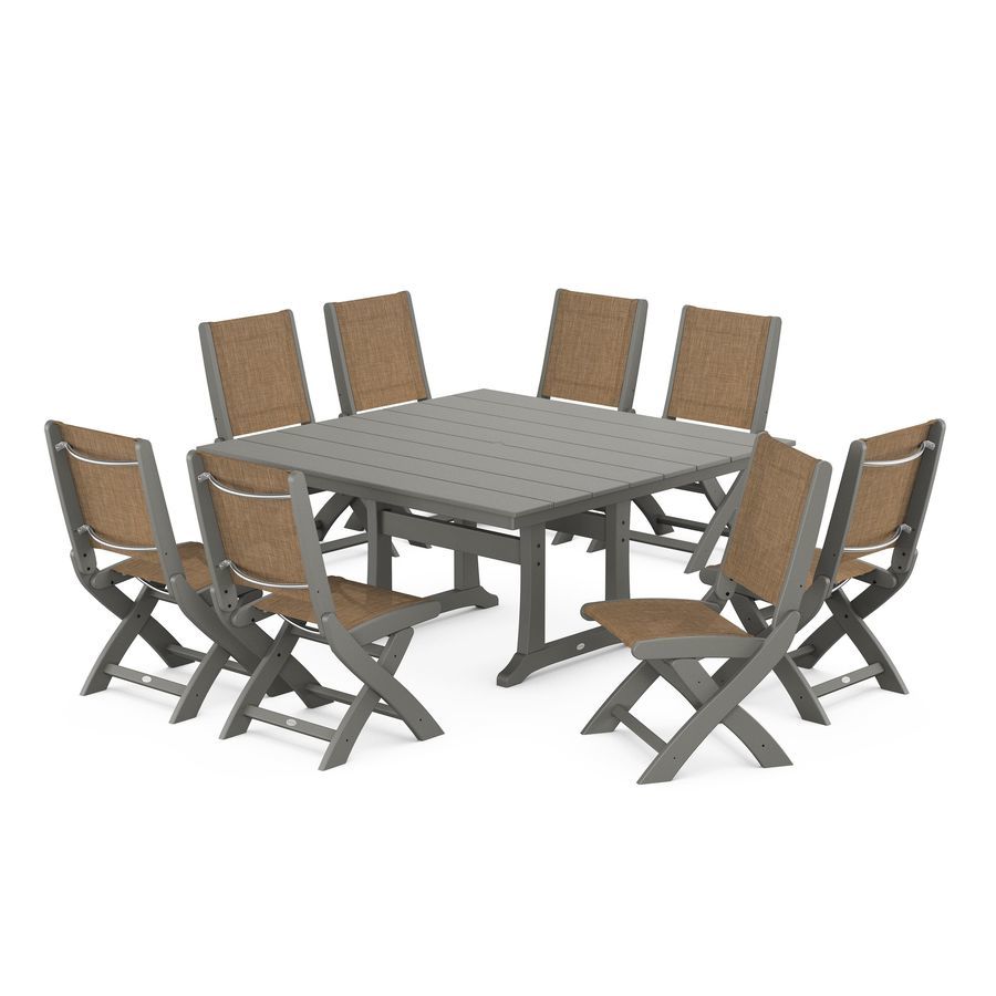 POLYWOOD Coastal Folding Side Chair 9-Piece Farmhouse Dining Set in Slate Grey / Burlap Sling