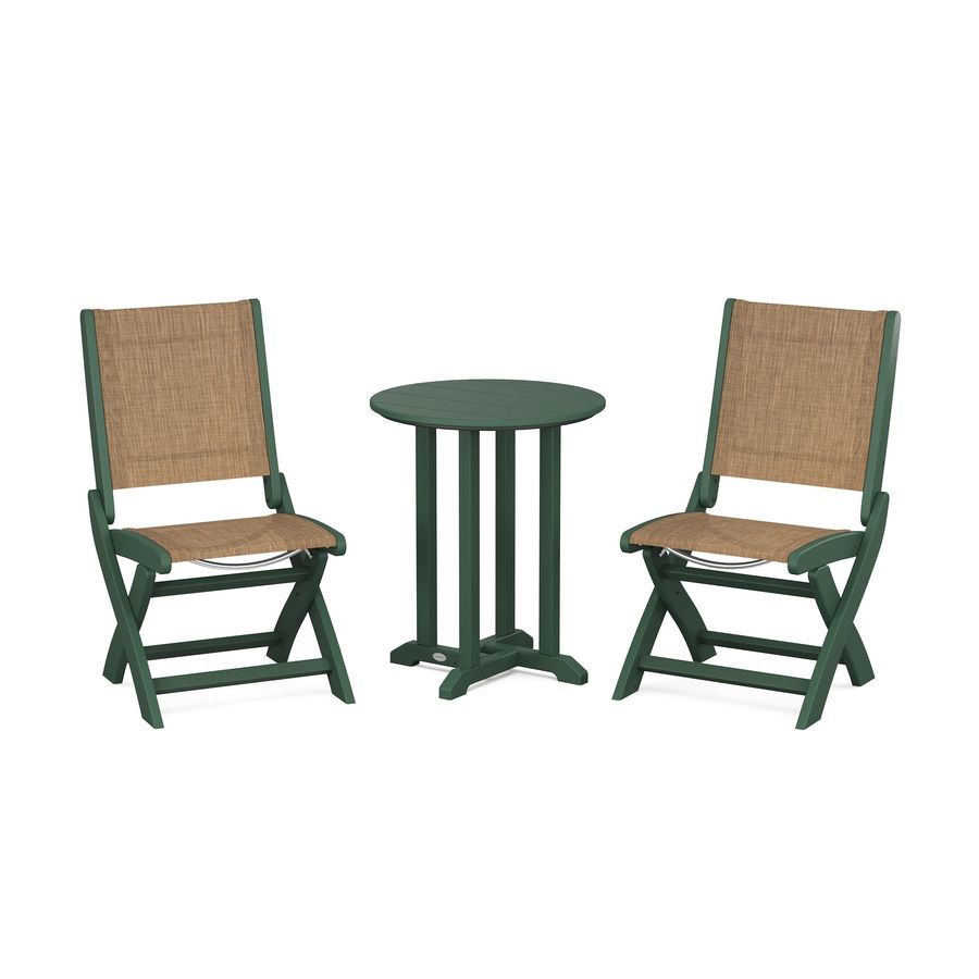 POLYWOOD Coastal Folding Side Chair 3-Piece Round Dining Set in Green / Burlap Sling