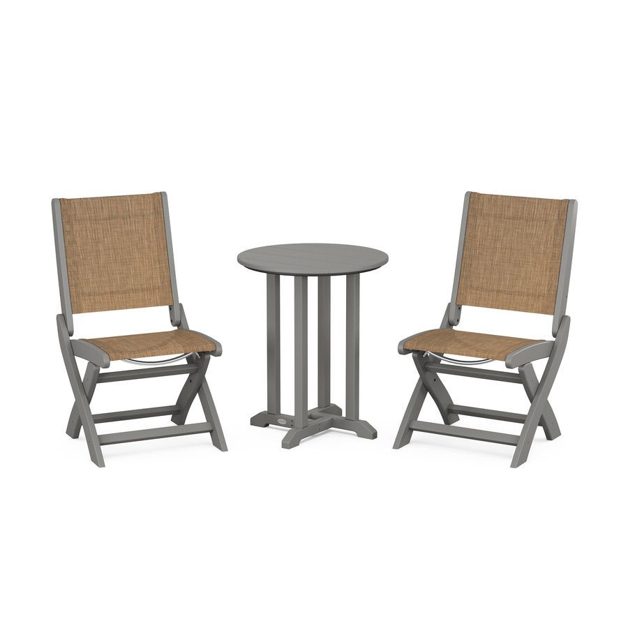 POLYWOOD Coastal Folding Side Chair 3-Piece Round Dining Set in Slate Grey / Burlap Sling