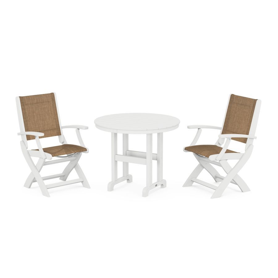 POLYWOOD Coastal Folding Chair 3-Piece Round Dining Set in White / Burlap Sling