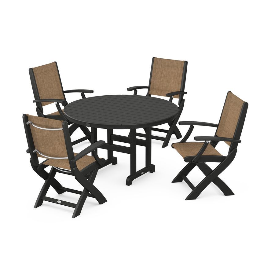 POLYWOOD Coastal Folding Chair 5-Piece Round Dining Set in Black / Burlap Sling