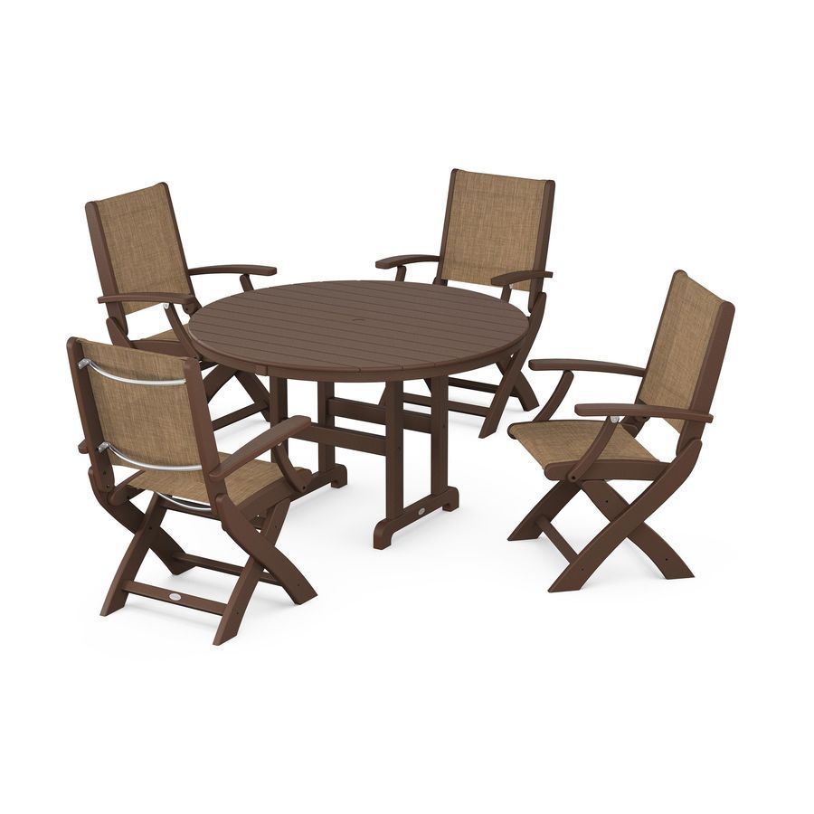 POLYWOOD Coastal Folding Chair 5-Piece Round Dining Set in Mahogany / Burlap Sling