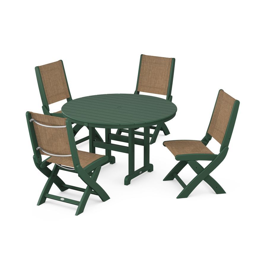 POLYWOOD Coastal Folding Side Chair 5-Piece Round Dining Set in Green / Burlap Sling