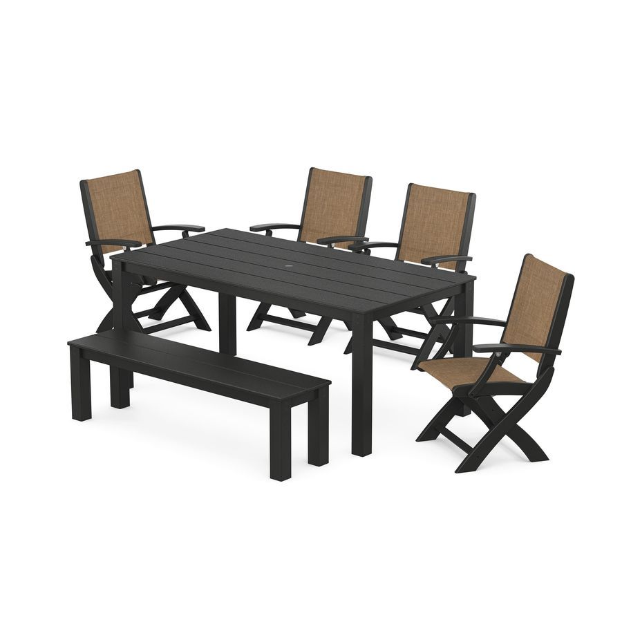 POLYWOOD Coastal Folding Chair 6- Piece Parsons Dining Set with Bench in Black / Burlap Sling