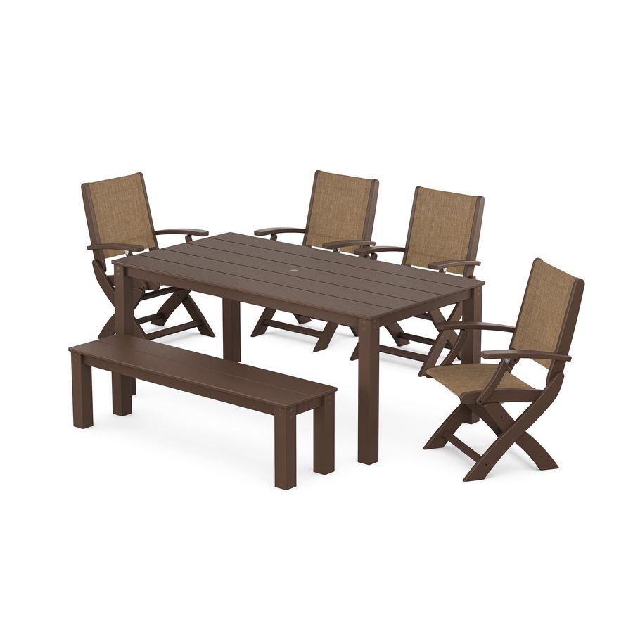 POLYWOOD Coastal Folding Chair 6- Piece Parsons Dining Set with Bench in Mahogany / Burlap Sling