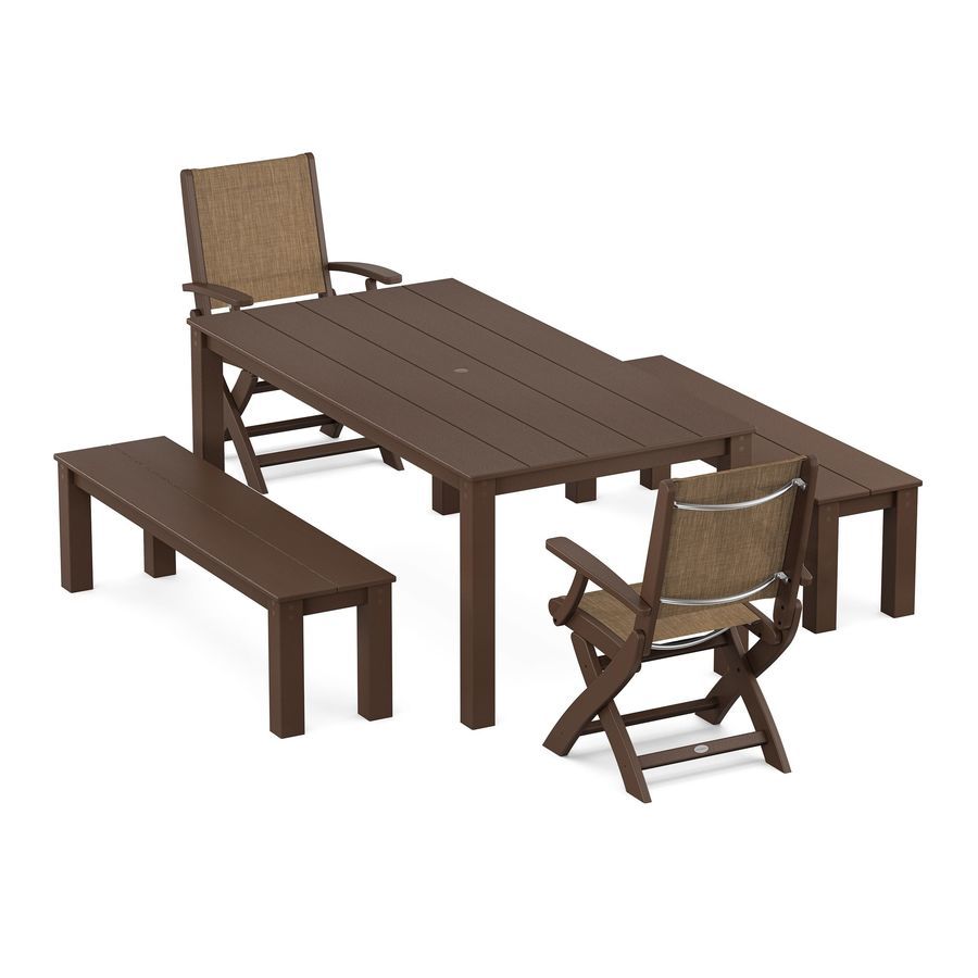 POLYWOOD Coastal Folding Chair 5-Piece Parsons Dining Set with Benches in Mahogany / Burlap Sling