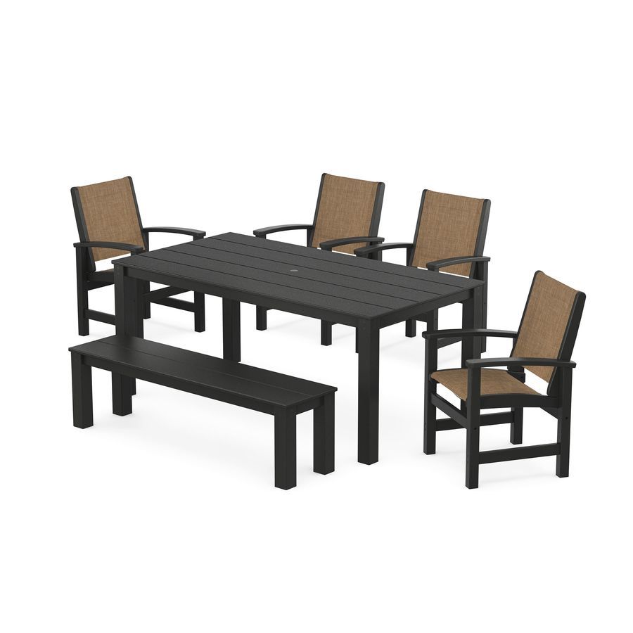 POLYWOOD Coastal 6- Piece Parsons Dining Set with Bench in Black / Burlap Sling