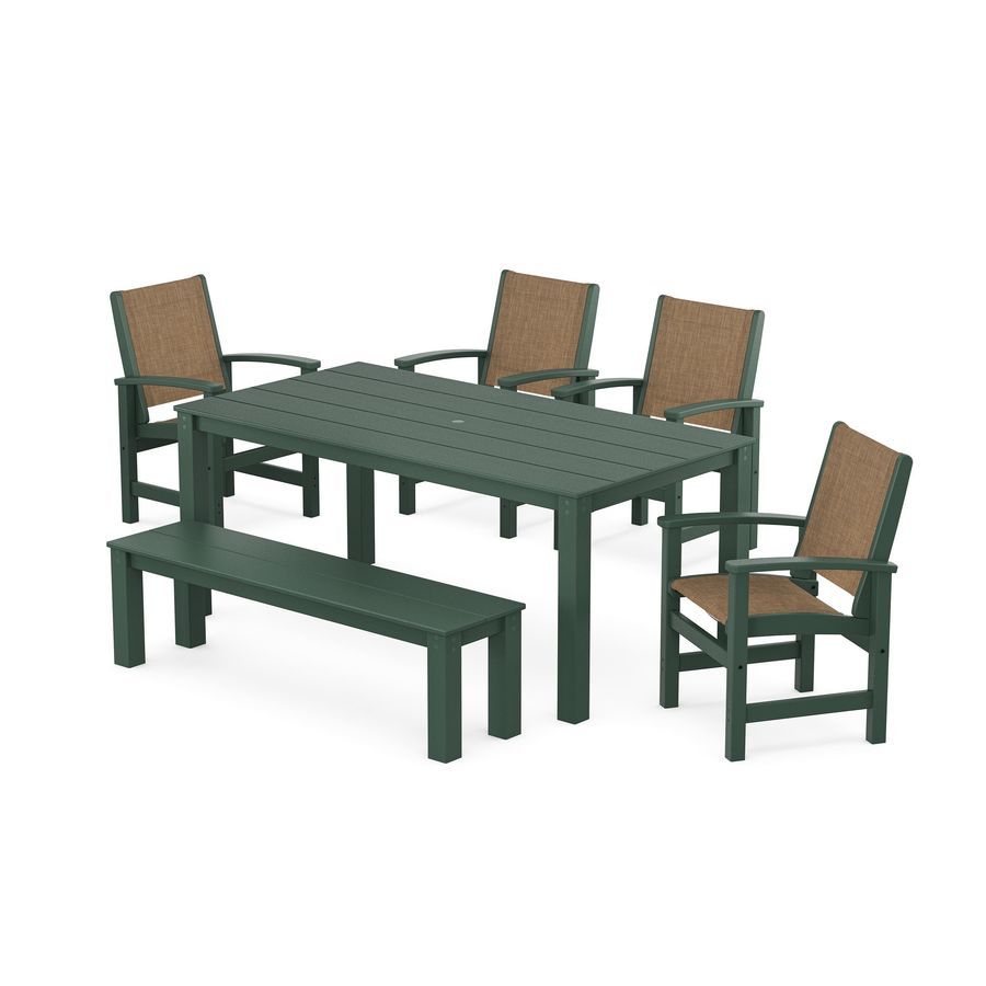 POLYWOOD Coastal 6- Piece Parsons Dining Set with Bench in Green / Burlap Sling
