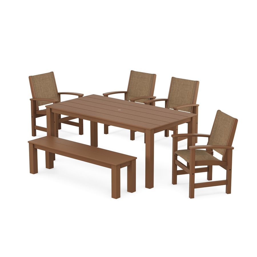 POLYWOOD Coastal 6- Piece Parsons Dining Set with Bench in Teak / Burlap Sling