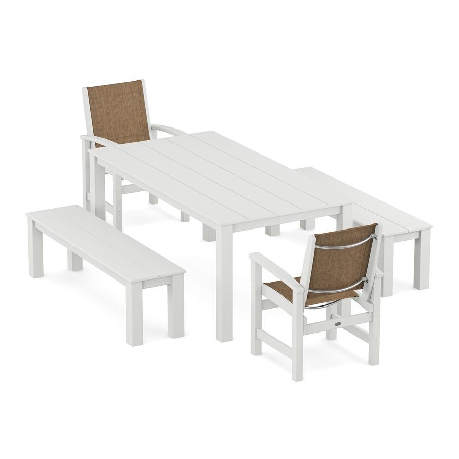 POLYWOOD Coastal 5-Piece Parsons Dining Set with Benches in White / Burlap Sling