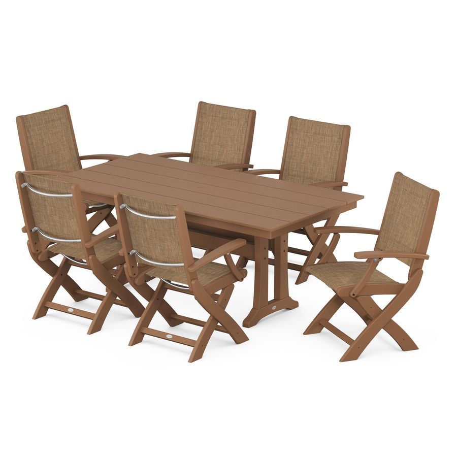 POLYWOOD Coastal Folding Arm Chair 7-Piece Farmhouse Dining Set with Trestle Legs in Teak / Burlap Sling