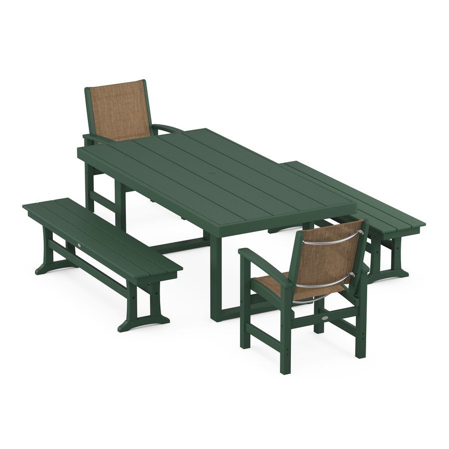 POLYWOOD Coastal 5-Piece Dining Set with Trestle Legs in Green / Burlap Sling