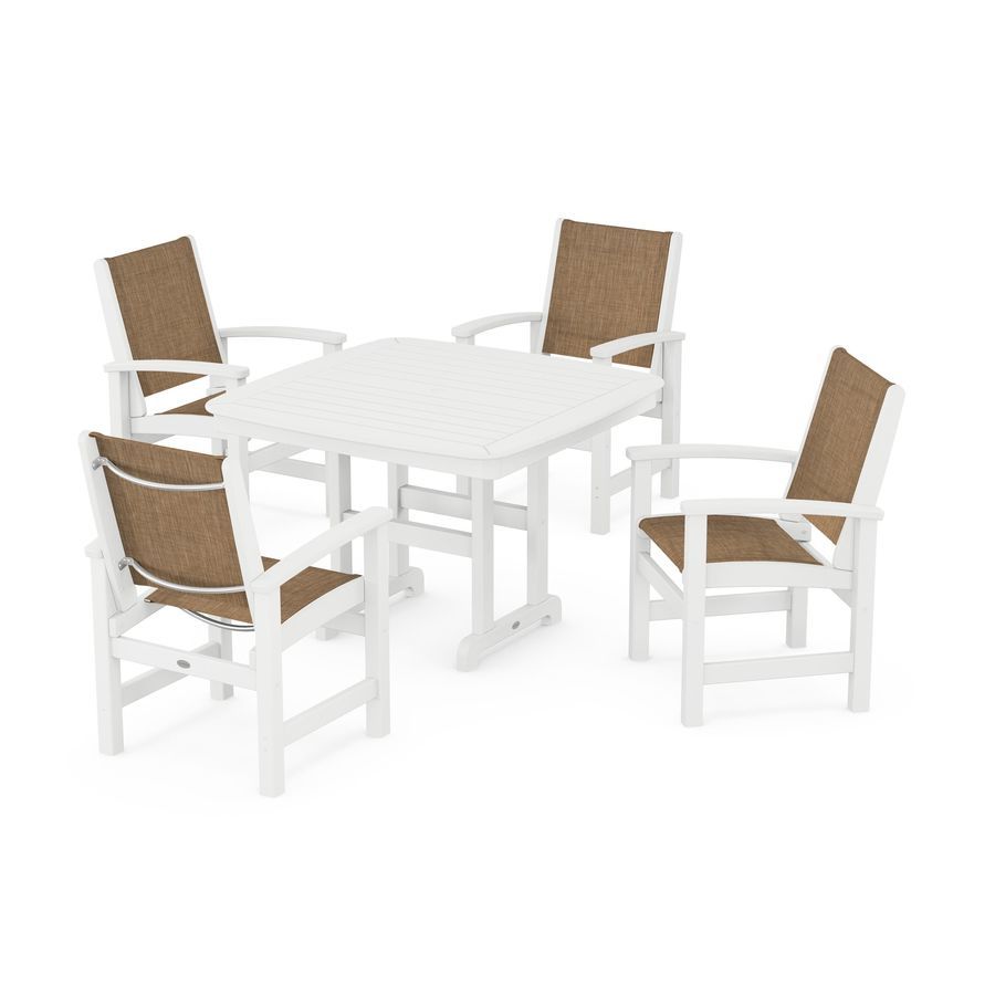 POLYWOOD Coastal 5-Piece Dining Set with Trestle Legs in White / Burlap Sling