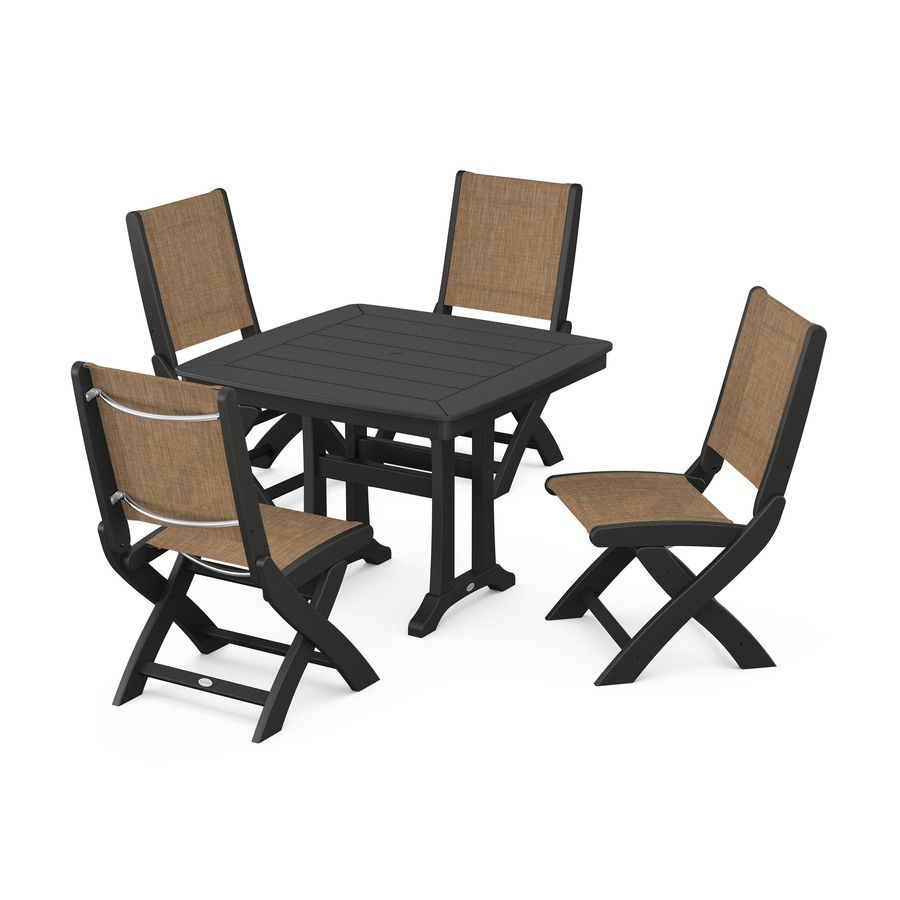 POLYWOOD Coastal Side Chair 5-Piece Dining Set with Trestle Legs in Black / Burlap Sling