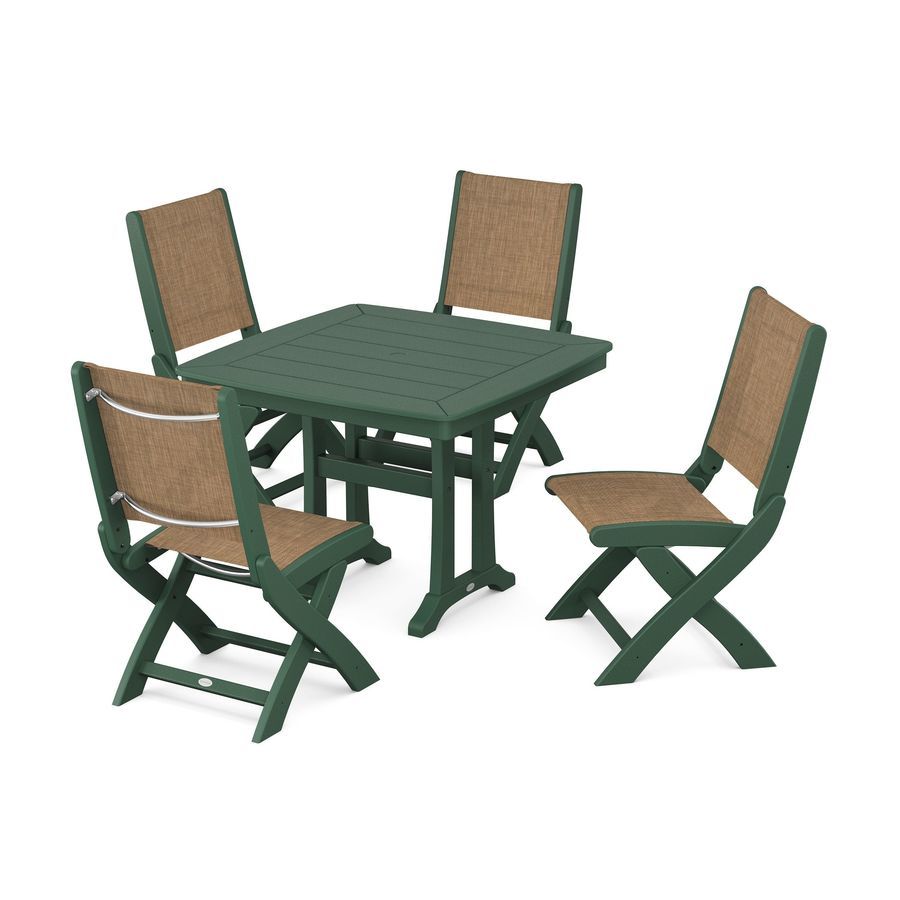 POLYWOOD Coastal Side Chair 5-Piece Dining Set with Trestle Legs in Green / Burlap Sling